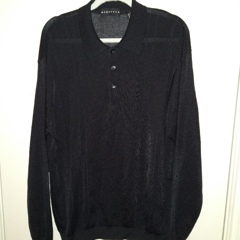 Baracuta Black Rayon Blend Long Sleeve Polo Shirt Men's sz Large.